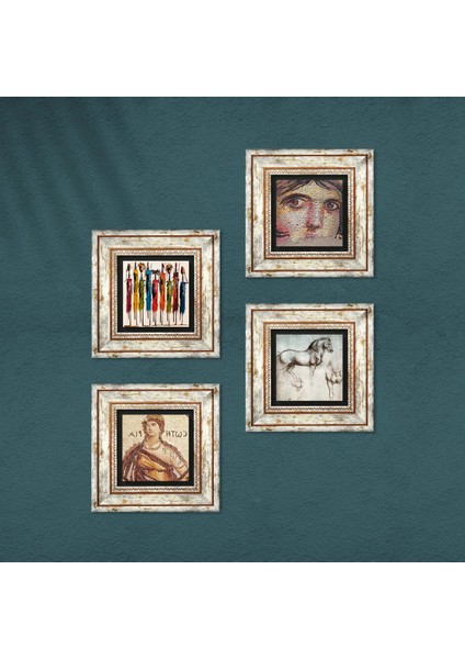 Yerli Kadınlar, Soteria, Çingene Kızı Mozaiği, Da Vinci At Heykeli Taş Duvar Tablosu Çerçeveli Duvar Dekoru 4 Parça Tablo Seti Wall Art T4-1176
