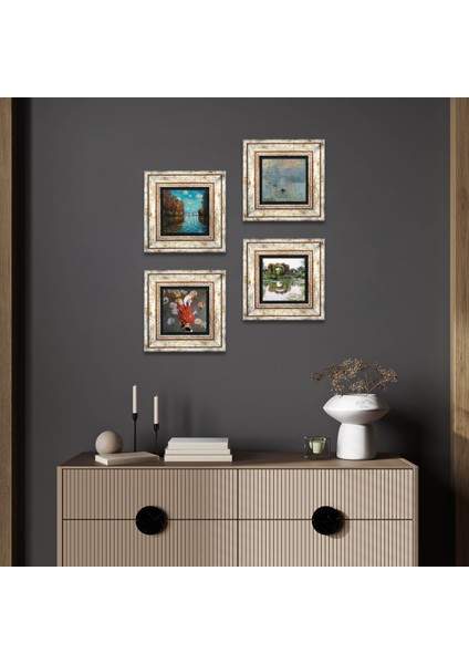 Monet Sonbahar, Japon Kostümü, Gül Çiçekli Kemer, Gün Doğumu Taş Duvar Tablosu Çerçeveli Duvar Dekoru 4 Parça Tablo Seti Wall Art T4-1178