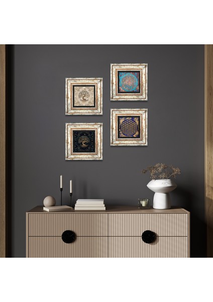 Yaşam Çiçeği, Hayat Ağacı Taş Duvar Tablosu Çerçeveli Duvar Dekoru 4 Parça Tablo Seti Wall Art T4-119