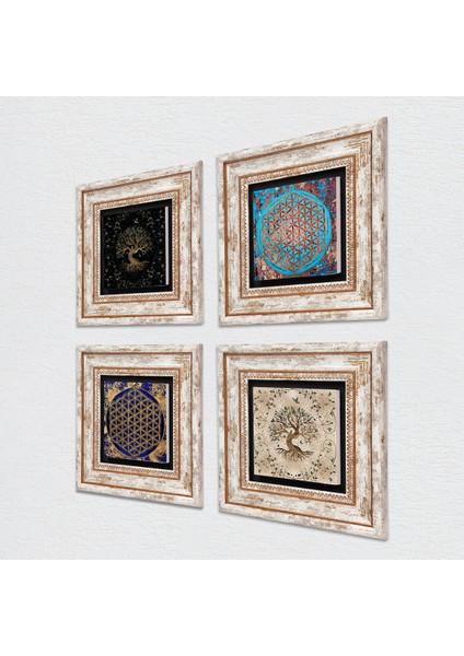 Yaşam Çiçeği, Hayat Ağacı Taş Duvar Tablosu Çerçeveli Duvar Dekoru 4 Parça Tablo Seti Wall Art T4-119 fiyatları