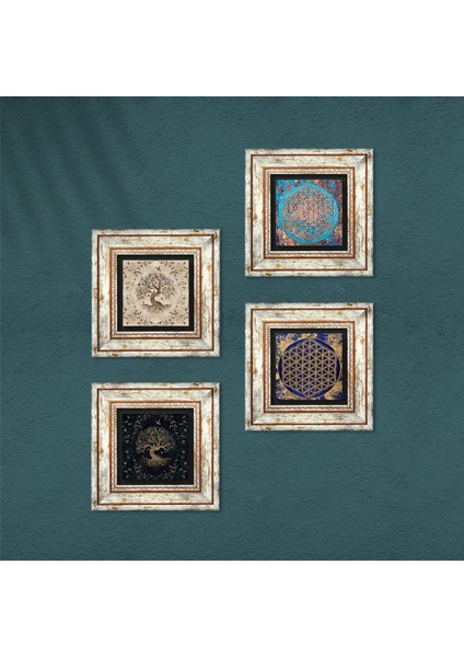 Yaşam Çiçeği, Hayat Ağacı Taş Duvar Tablosu Çerçeveli Duvar Dekoru 4 Parça Tablo Seti Wall Art T4-119 fırsatları
