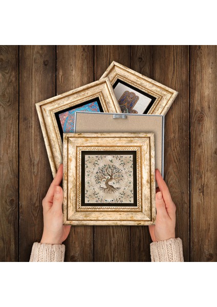 Yaşam Çiçeği, Hayat Ağacı Taş Duvar Tablosu Çerçeveli Duvar Dekoru 4 Parça Tablo Seti Wall Art T4-119 modelleri