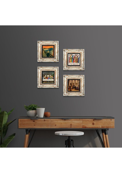 Leonardo da Vinci, Çığlık, Yerli Kadınlar, Bir Roma Sanat Aşığı Çerçeveli Taş Duvar Tablosu 4’lü Set - Dekoratif Modern Sanat, Ev ve Ofis Dekoru |TK4-1726|