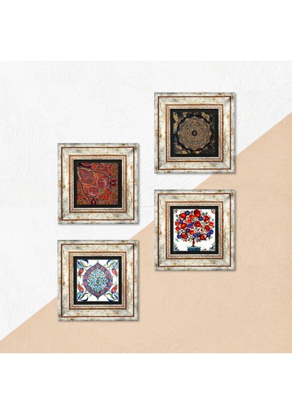 Sri Yantra, Desen, Çini Sanatı, Nar Ağacı Taş Duvar Tablosu Çerçeveli Duvar Dekoru 4 Parça Tablo Seti Wall Art T4-273