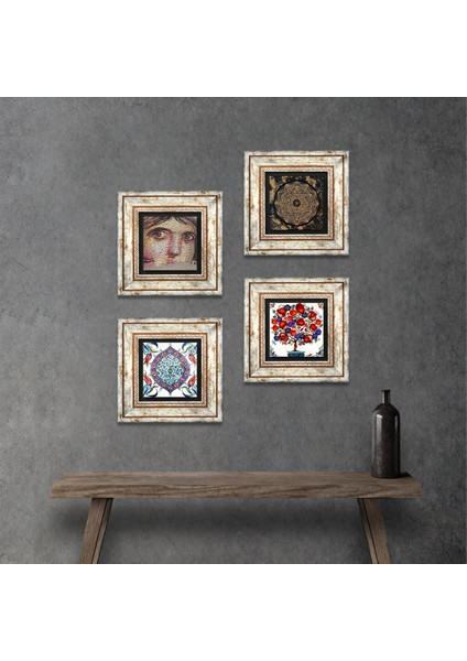 Sri Yantra, Çingene Kızı Mozaiği, Çini Sanatı, Nar Ağacı Taş Duvar Tablosu Çerçeveli Duvar Dekoru 4 Parça Tablo Seti Wall Art T4-276