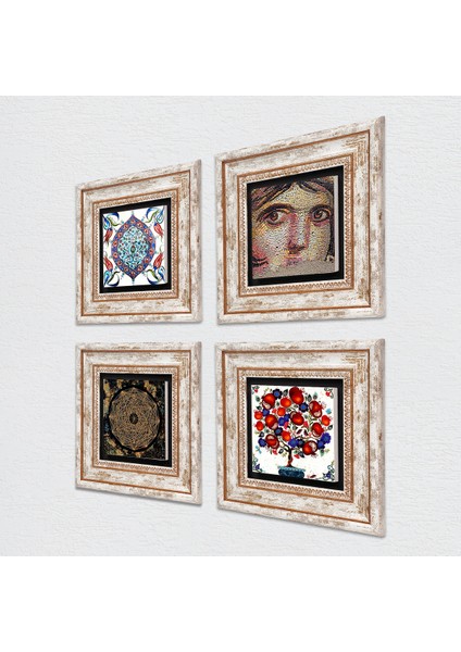 Sri Yantra, Çingene Kızı Mozaiği, Çini Sanatı, Nar Ağacı Taş Duvar Tablosu Çerçeveli Duvar Dekoru 4 Parça Tablo Seti Wall Art T4-276