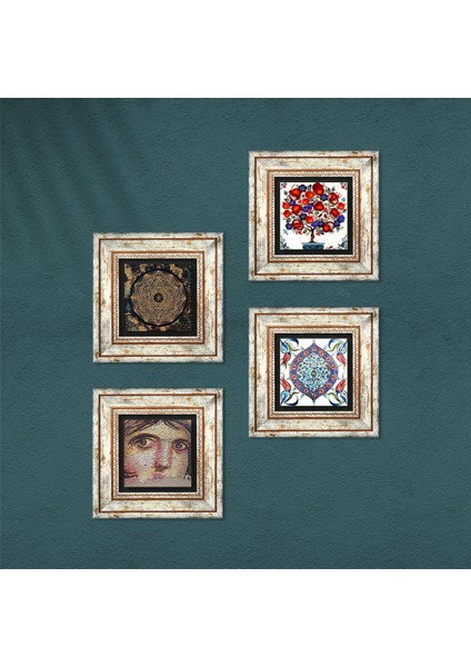 Sri Yantra, Çingene Kızı Mozaiği, Çini Sanatı, Nar Ağacı Taş Duvar Tablosu Çerçeveli Duvar Dekoru 4 Parça Tablo Seti Wall Art T4-276