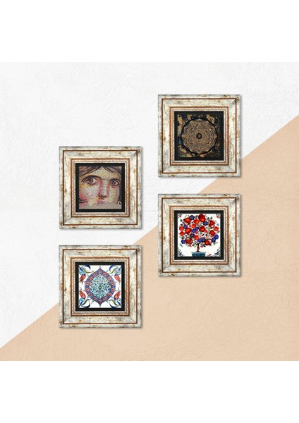 Sri Yantra, Çingene Kızı Mozaiği, Çini Sanatı, Nar Ağacı Taş Duvar Tablosu Çerçeveli Duvar Dekoru 4 Parça Tablo Seti Wall Art T4-276