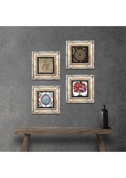 Sri Yantra, Mozaik, Çini Sanatı, Nar Ağacı Taş Duvar Tablosu Çerçeveli Duvar Dekoru 4 Parça Tablo Seti Wall Art T4-277