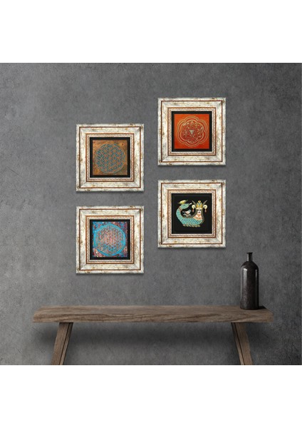 Yaşam Çiçeği, Sri Yantra, Şahmeran Taş Duvar Tablosu Çerçeveli Duvar Dekoru 4 Parça Tablo Seti Wall Art T4-466