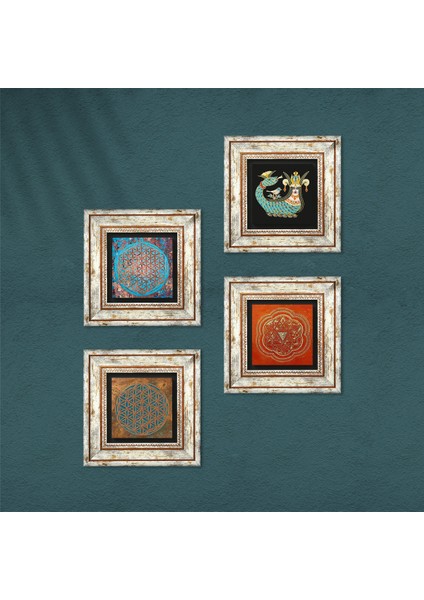 Yaşam Çiçeği, Sri Yantra, Şahmeran Taş Duvar Tablosu Çerçeveli Duvar Dekoru 4 Parça Tablo Seti Wall Art T4-466