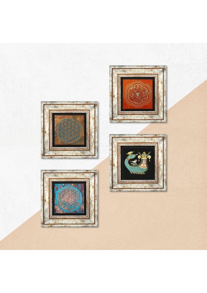 Yaşam Çiçeği, Sri Yantra, Şahmeran Taş Duvar Tablosu Çerçeveli Duvar Dekoru 4 Parça Tablo Seti Wall Art T4-466