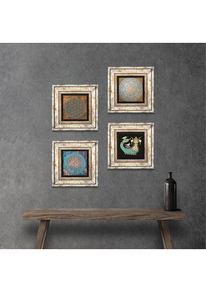 Yaşam Çiçeği, Sri Yantra, Şahmeran Taş Duvar Tablosu Çerçeveli Duvar Dekoru 4 Parça Tablo Seti Wall Art T4-467