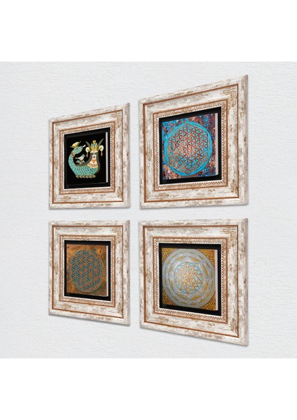 Yaşam Çiçeği, Sri Yantra, Şahmeran Taş Duvar Tablosu Çerçeveli Duvar Dekoru 4 Parça Tablo Seti Wall Art T4-467 fiyatları
