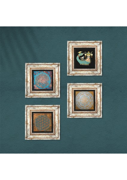Yaşam Çiçeği, Sri Yantra, Şahmeran Taş Duvar Tablosu Çerçeveli Duvar Dekoru 4 Parça Tablo Seti Wall Art T4-467 fırsatları