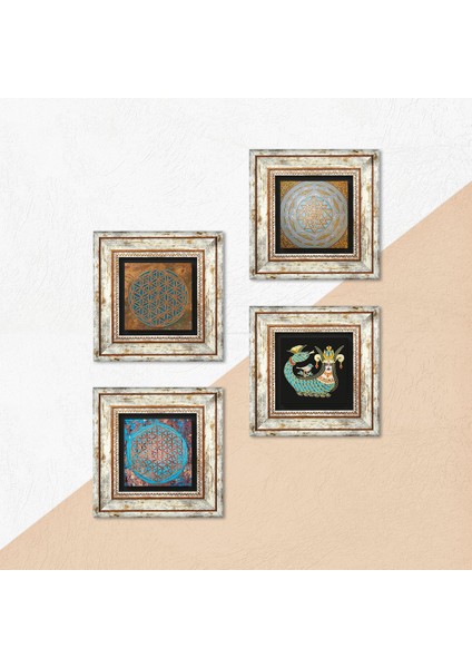 Yaşam Çiçeği, Sri Yantra, Şahmeran Taş Duvar Tablosu Çerçeveli Duvar Dekoru 4 Parça Tablo Seti Wall Art T4-467 indirimleri