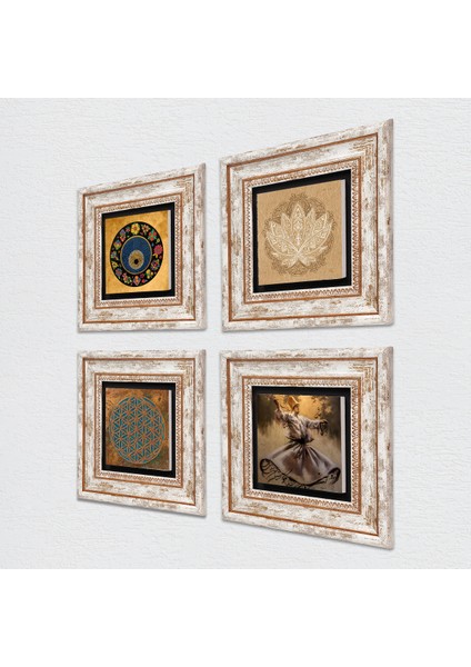 Yaşam Çiçeği, Semazen, Lotus Çiçeği, Nazar Taş Duvar Tablosu Çerçeveli Duvar Dekoru 4 Parça Tablo Seti Wall Art T4-638