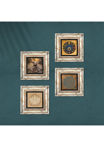 Yaşam Çiçeği, Semazen, Lotus Çiçeği, Nazar Taş Duvar Tablosu Çerçeveli Duvar Dekoru 4 Parça Tablo Seti Wall Art T4-638
