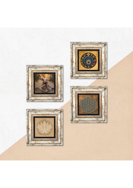 Yaşam Çiçeği, Semazen, Lotus Çiçeği, Nazar Taş Duvar Tablosu Çerçeveli Duvar Dekoru 4 Parça Tablo Seti Wall Art T4-638