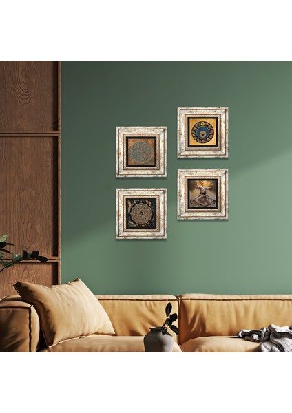 Yaşam Çiçeği, Semazen, Sri Yantra, Nazar Taş Duvar Tablosu Çerçeveli Duvar Dekoru 4 Parça Tablo Seti Wall Art T4-643