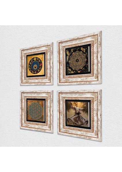 Yaşam Çiçeği, Semazen, Sri Yantra, Nazar Taş Duvar Tablosu Çerçeveli Duvar Dekoru 4 Parça Tablo Seti Wall Art T4-643
