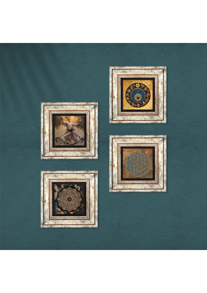 Yaşam Çiçeği, Semazen, Sri Yantra, Nazar Taş Duvar Tablosu Çerçeveli Duvar Dekoru 4 Parça Tablo Seti Wall Art T4-643