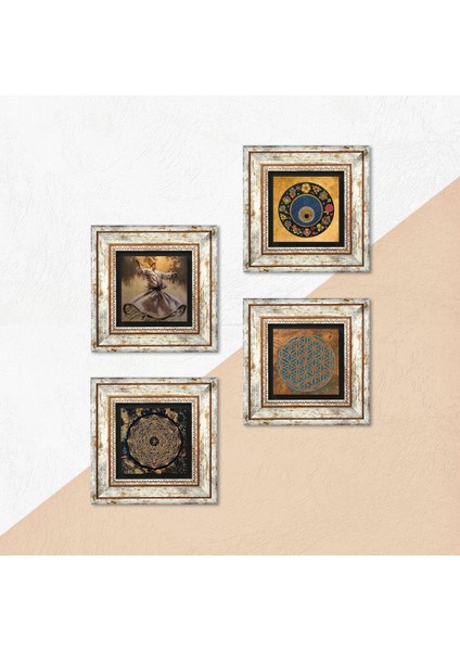 Yaşam Çiçeği, Semazen, Sri Yantra, Nazar Taş Duvar Tablosu Çerçeveli Duvar Dekoru 4 Parça Tablo Seti Wall Art T4-643