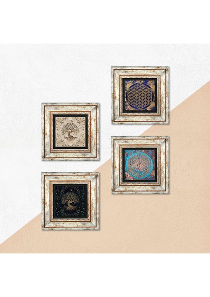 Yaşam Çiçeği, Hayat Ağacı Taş Duvar Tablosu Çerçeveli Duvar Dekoru 4 Parça Tablo Seti Wall Art T4-119 indirimleri