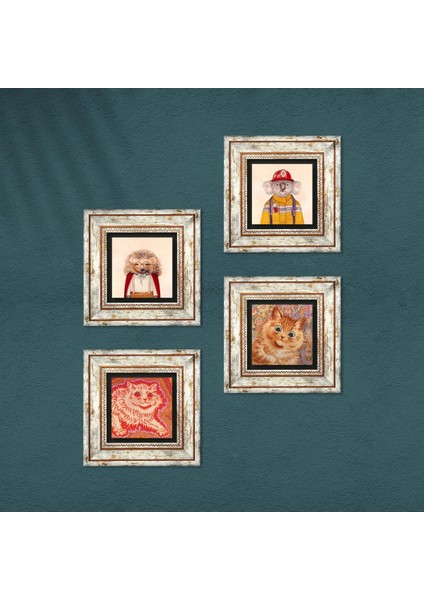 Stone Louis Wain Kediler, Kirpi, Koala Çerçeveli Taş Duvar Tablosu 4’lü Set - Dekoratif Modern Sanat, Ev ve Ofis Dekoru |TK4-1352| fırsatları
