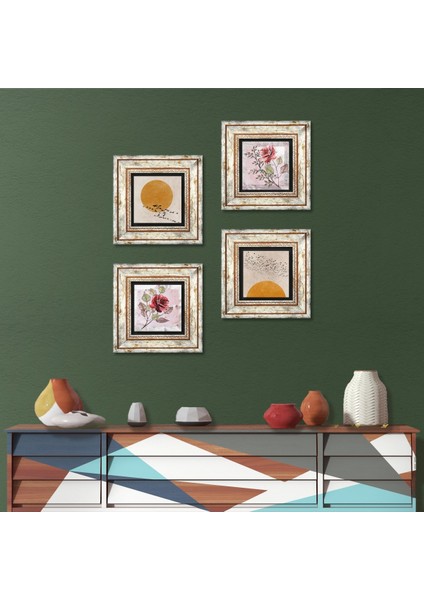 Gül Çiçek, Minimalist Taş Duvar Tablosu Çerçeveli Duvar Dekoru 4 Parça Tablo Seti Wall Art T4-1365