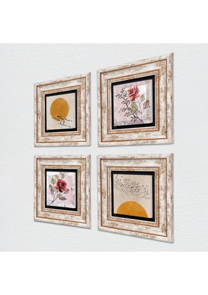 Gül Çiçek, Minimalist Taş Duvar Tablosu Çerçeveli Duvar Dekoru 4 Parça Tablo Seti Wall Art T4-1365
