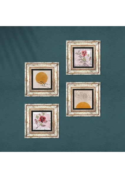 Gül Çiçek, Minimalist Taş Duvar Tablosu Çerçeveli Duvar Dekoru 4 Parça Tablo Seti Wall Art T4-1365