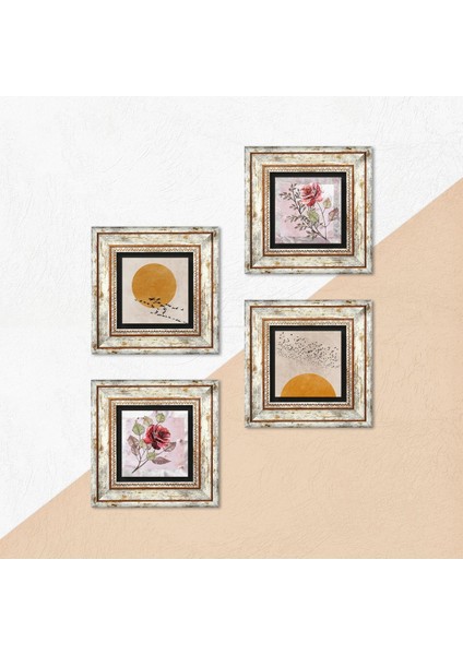 Gül Çiçek, Minimalist Taş Duvar Tablosu Çerçeveli Duvar Dekoru 4 Parça Tablo Seti Wall Art T4-1365