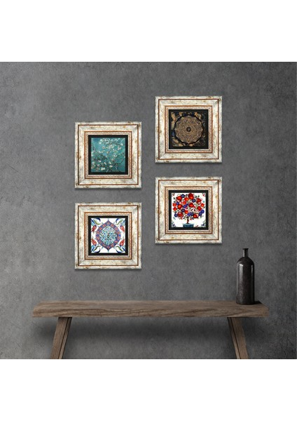 Sri Yantra, Van Gogh Badem Ağacı, Çini Sanatı, Nar Ağacı Taş Duvar Tablosu Çerçeveli Duvar Dekoru 4 Parça Tablo Seti Wall Art T4-274