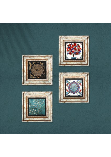 Sri Yantra, Van Gogh Badem Ağacı, Çini Sanatı, Nar Ağacı Taş Duvar Tablosu Çerçeveli Duvar Dekoru 4 Parça Tablo Seti Wall Art T4-274 fırsatları