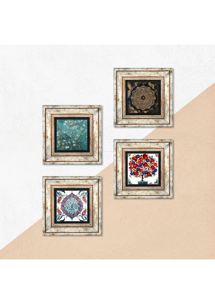 Sri Yantra, Van Gogh Badem Ağacı, Çini Sanatı, Nar Ağacı Taş Duvar Tablosu Çerçeveli Duvar Dekoru 4 Parça Tablo Seti Wall Art T4-274 indirimleri