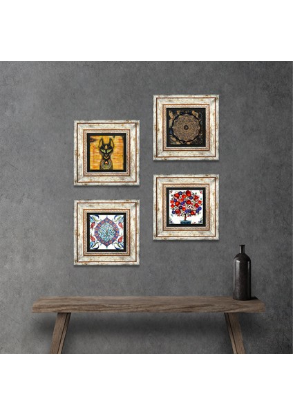 Sri Yantra, Antik Mısır, Çini Sanatı, Nar Ağacı Taş Duvar Tablosu Çerçeveli Duvar Dekoru 4 Parça Tablo Seti Wall Art T4-275