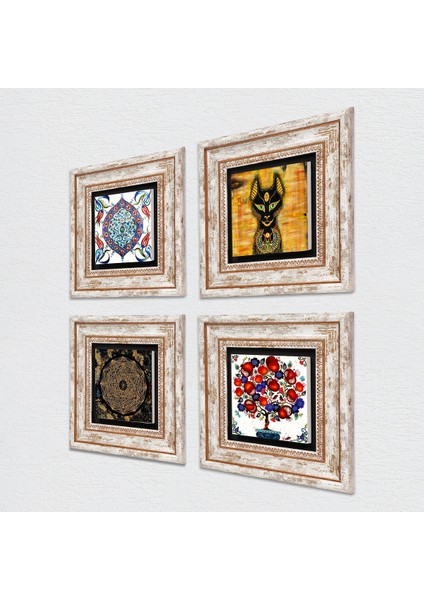 Sri Yantra, Antik Mısır, Çini Sanatı, Nar Ağacı Taş Duvar Tablosu Çerçeveli Duvar Dekoru 4 Parça Tablo Seti Wall Art T4-275