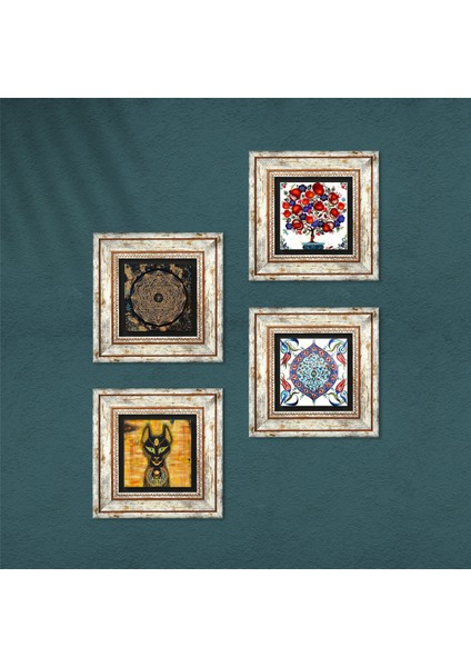 Sri Yantra, Antik Mısır, Çini Sanatı, Nar Ağacı Taş Duvar Tablosu Çerçeveli Duvar Dekoru 4 Parça Tablo Seti Wall Art T4-275