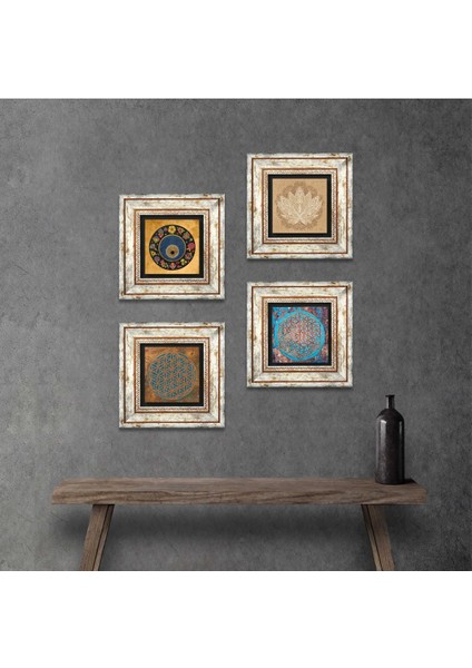 Yaşam Çiçeği, Lotus Çiçeği, Nazar Çerçeveli Taş Duvar Tablosu 4’lü Set - Dekoratif Modern Sanat, Ev ve Ofis Dekoru |TK4-823|