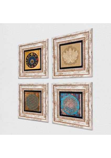 Yaşam Çiçeği, Lotus Çiçeği, Nazar Çerçeveli Taş Duvar Tablosu 4’lü Set - Dekoratif Modern Sanat, Ev ve Ofis Dekoru |TK4-823| fiyatları