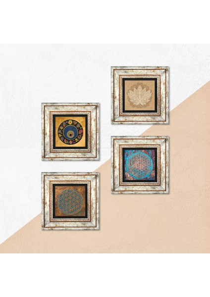 Yaşam Çiçeği, Lotus Çiçeği, Nazar Çerçeveli Taş Duvar Tablosu 4’lü Set - Dekoratif Modern Sanat, Ev ve Ofis Dekoru |TK4-823| indirimleri