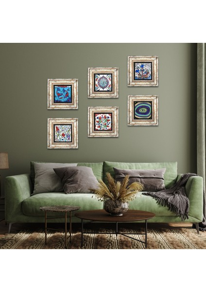 Nazar, Lale, Balık, Yelkenli Gemi, Çini Sanatı Taş Duvar Tablosu Çerçeveli Duvar Dekoru 6 Parça Tablo Seti Wall Art T6-06