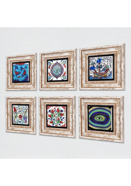 Nazar, Lale, Balık, Yelkenli Gemi, Çini Sanatı Taş Duvar Tablosu Çerçeveli Duvar Dekoru 6 Parça Tablo Seti Wall Art T6-06