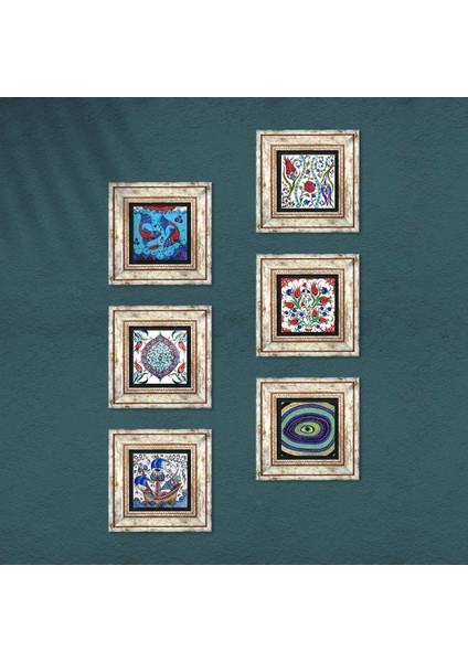 Nazar, Lale, Balık, Yelkenli Gemi, Çini Sanatı Taş Duvar Tablosu Çerçeveli Duvar Dekoru 6 Parça Tablo Seti Wall Art T6-06