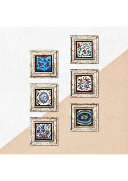 Nazar, Lale, Balık, Yelkenli Gemi, Çini Sanatı Taş Duvar Tablosu Çerçeveli Duvar Dekoru 6 Parça Tablo Seti Wall Art T6-06