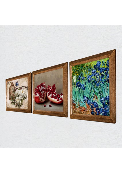 Van Gogh İrisler, Kelebekli Çiçek, Nar Taş Duvar Tablosu Ahşap Çerçeveli Duvar Dekoru 3 Parça Tablo Seti Wall Art W3-1084