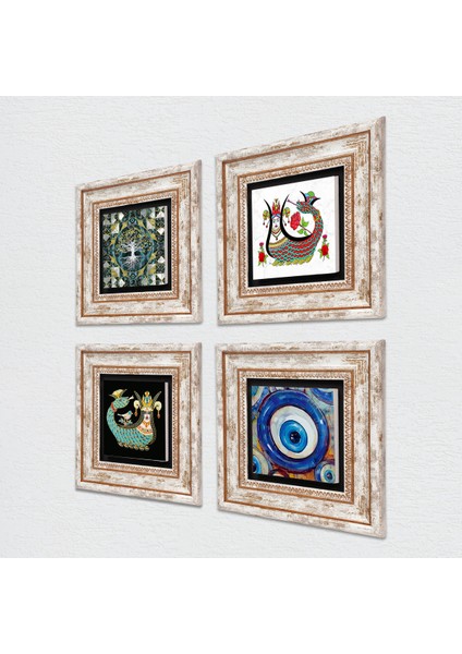 Nazar, Hayat Ağacı, Şahmeran Taş Duvar Tablosu Çerçeveli Duvar Dekoru 4 Parça Tablo Seti Wall Art T4-1545