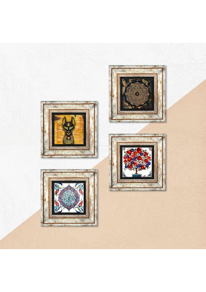 Sri Yantra, Antik Mısır, Çini Sanatı, Nar Ağacı Taş Duvar Tablosu Çerçeveli Duvar Dekoru 4 Parça Tablo Seti Wall Art T4-275
