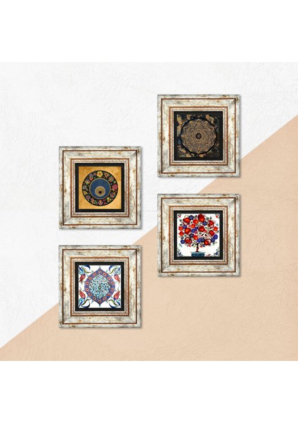 Sri Yantra, Nazar, Çini Sanatı, Nar Ağacı Taş Duvar Tablosu Çerçeveli Duvar Dekoru 4 Parça Tablo Seti Wall Art T4-281 indirimleri